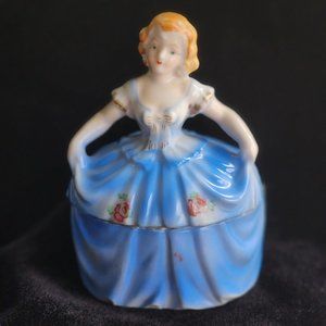 VINTAGE YOUNG LADY  in BLUE BALL GOWN-VANITY TRINKET BOX-POWDER BOX #1149